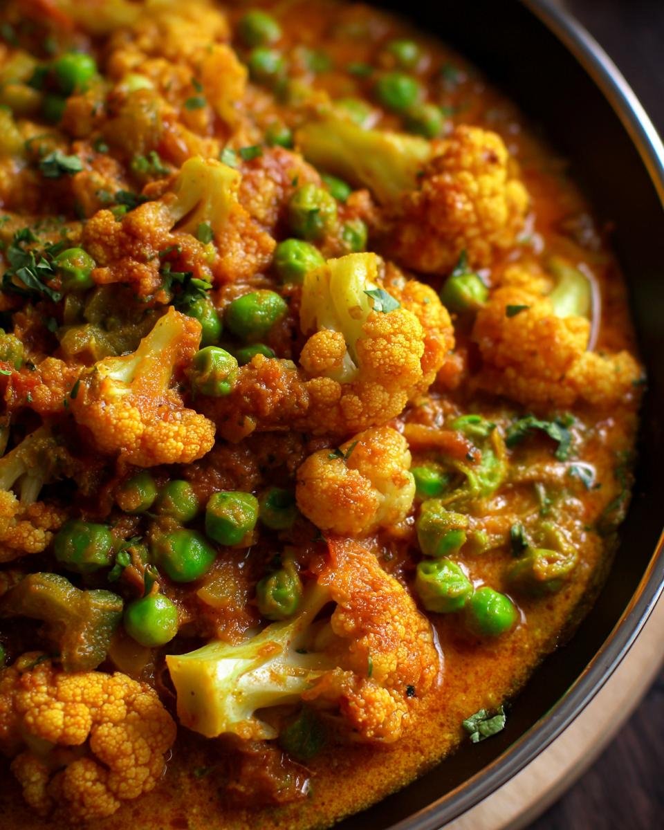 Close-up of Blitzschnelles Blumenkohl-Erbsen-Curry, showing cauliflower, peas, and creamy curry sauce.