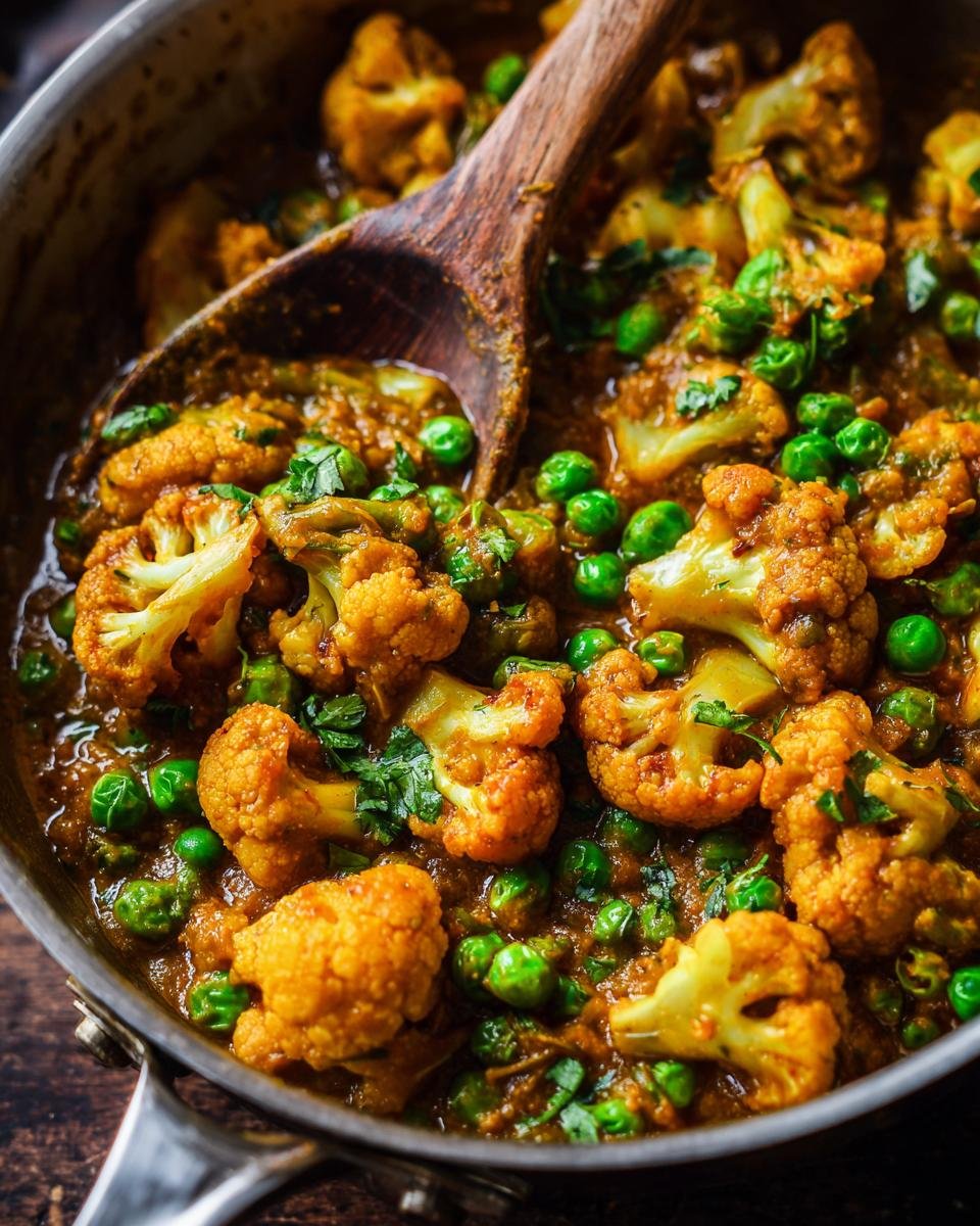 Nahaufnahme von Blitzschnelles Blumenkohl-Erbsen-Curry mit einem Holzlöffel in der Pfanne.