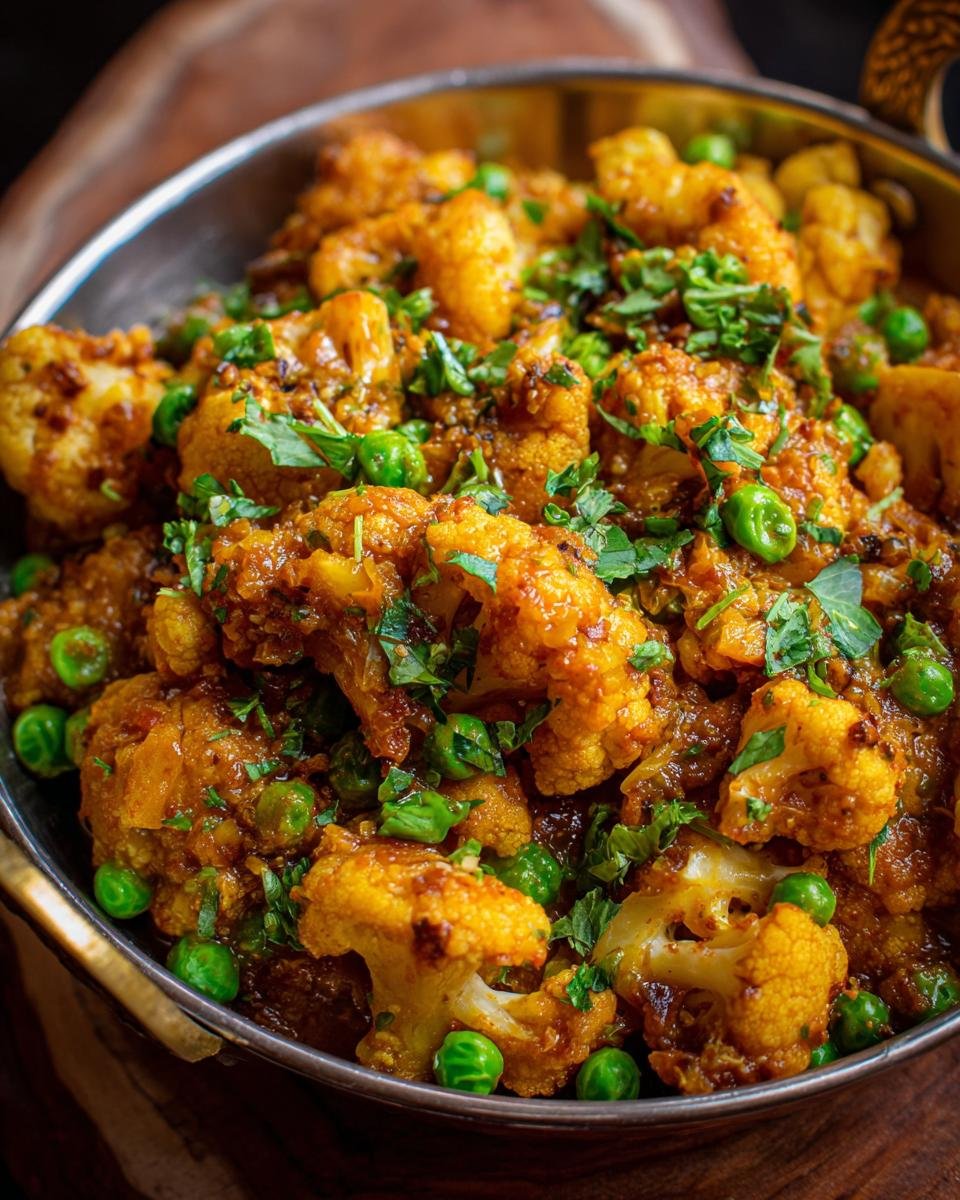 Close-up of Blitzschnelles Blumenkohl-Erbsen-Curry, a creamy and spicy cauliflower and pea curry dish.