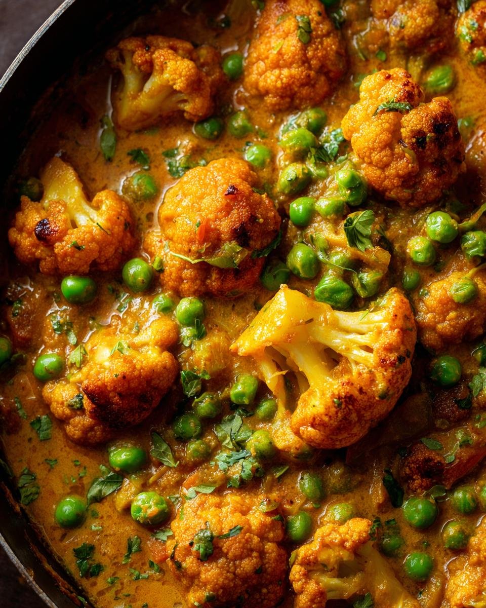 Close-up of Blitzschnelles Blumenkohl-Erbsen-Curry with cauliflower, peas, and creamy curry sauce.