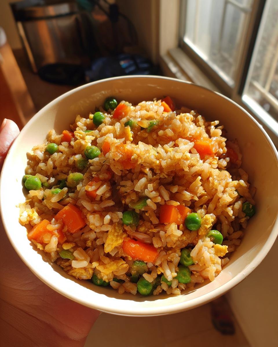 Bowl of Blitzschnelles Gebratener Reis mit Gemüse, featuring carrots, peas, and egg.