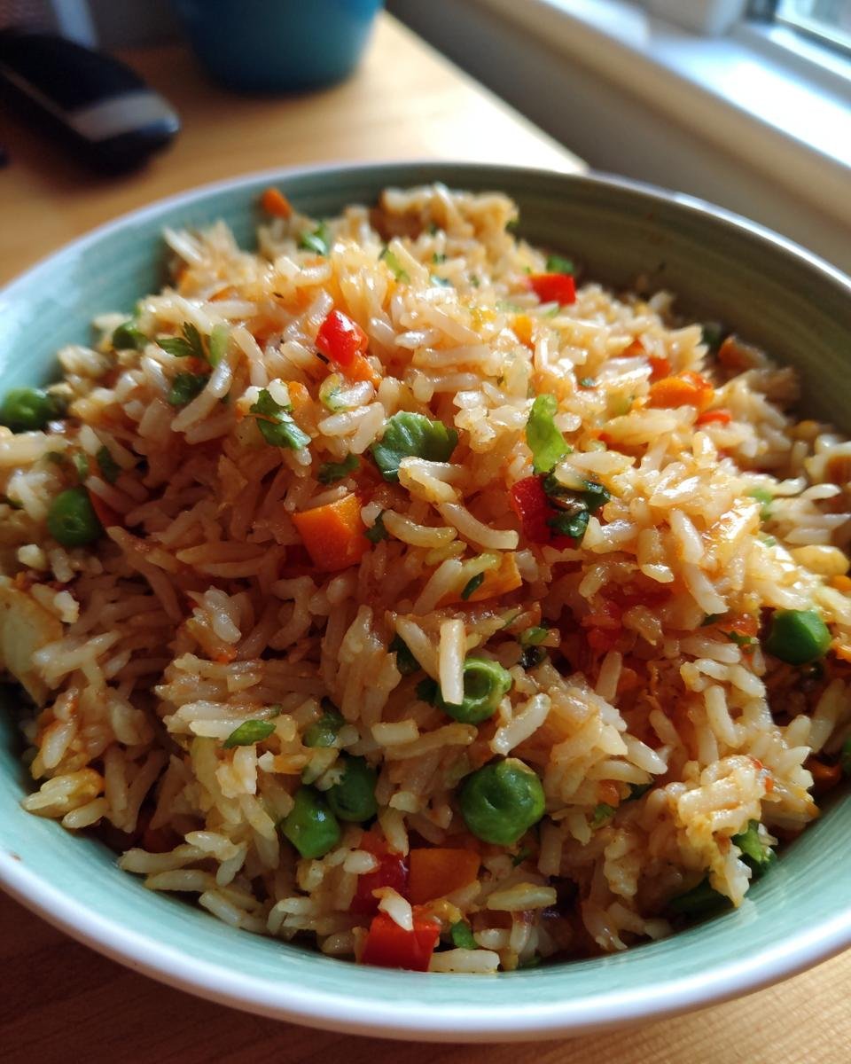 Close-up of Blitzschnelles Gebratener Reis mit Gemüse in a bowl, showing rice, peas, carrots, and peppers.