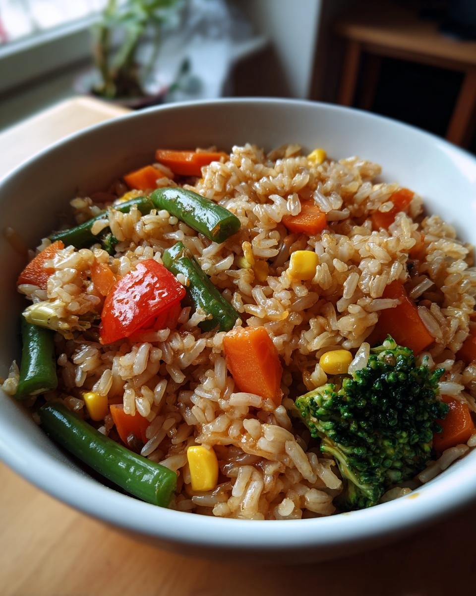 Bowl of Blitzschnelles Gebratener Reis mit Gemüse, featuring rice, carrots, broccoli, corn, and green beans.