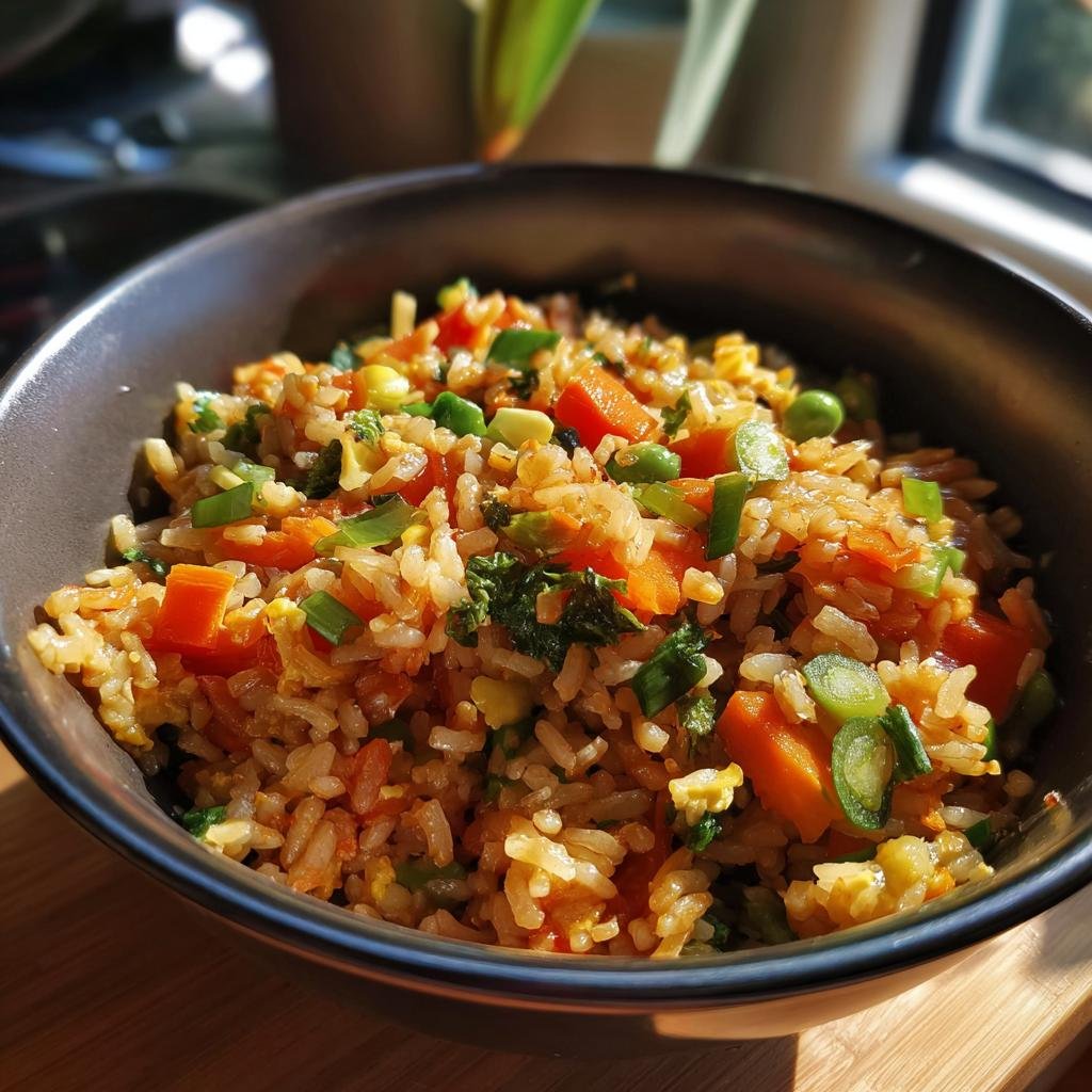 Close-up of Blitzschnelles Gebratener Reis mit Gemüse in a bowl, featuring rice, carrots, peas, and green onions.