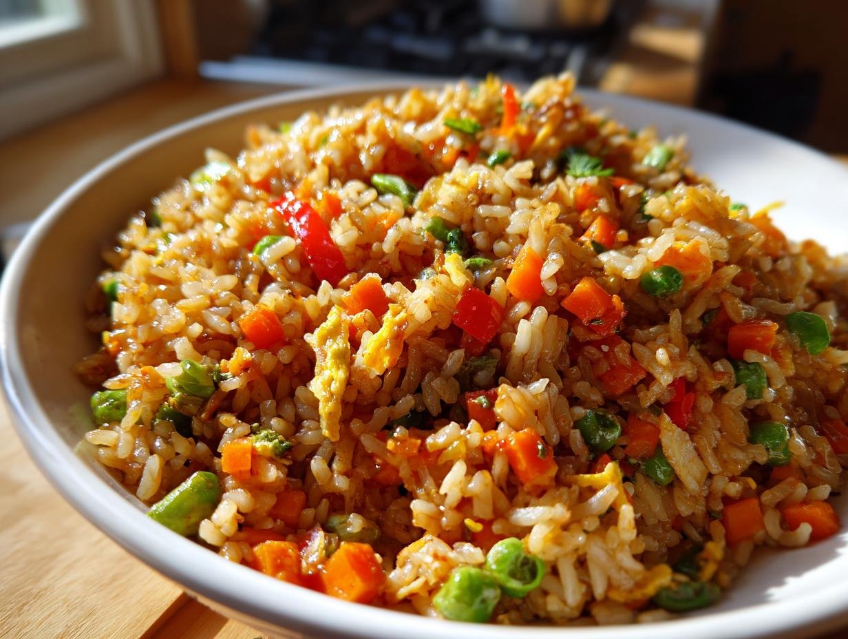 Blitzschnelles Gebratener Reis mit Gemüse, served in a white bowl. Carrots, peas, peppers, and egg are visible.