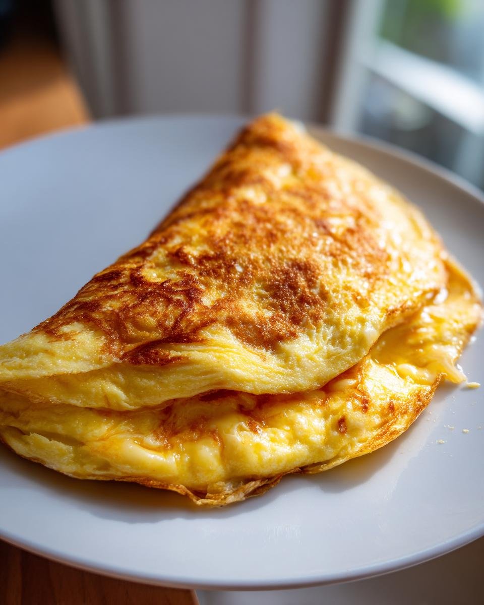 Nahaufnahme eines blitzschnellen Käse-Omeletts auf einem weißen Teller, perfekt zubereitet.