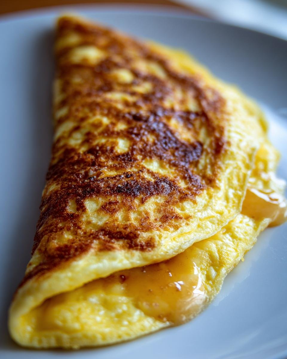 Nahaufnahme eines Blitzschnelles Käse-Omelett auf einem Teller, mit geschmolzenem Käse.