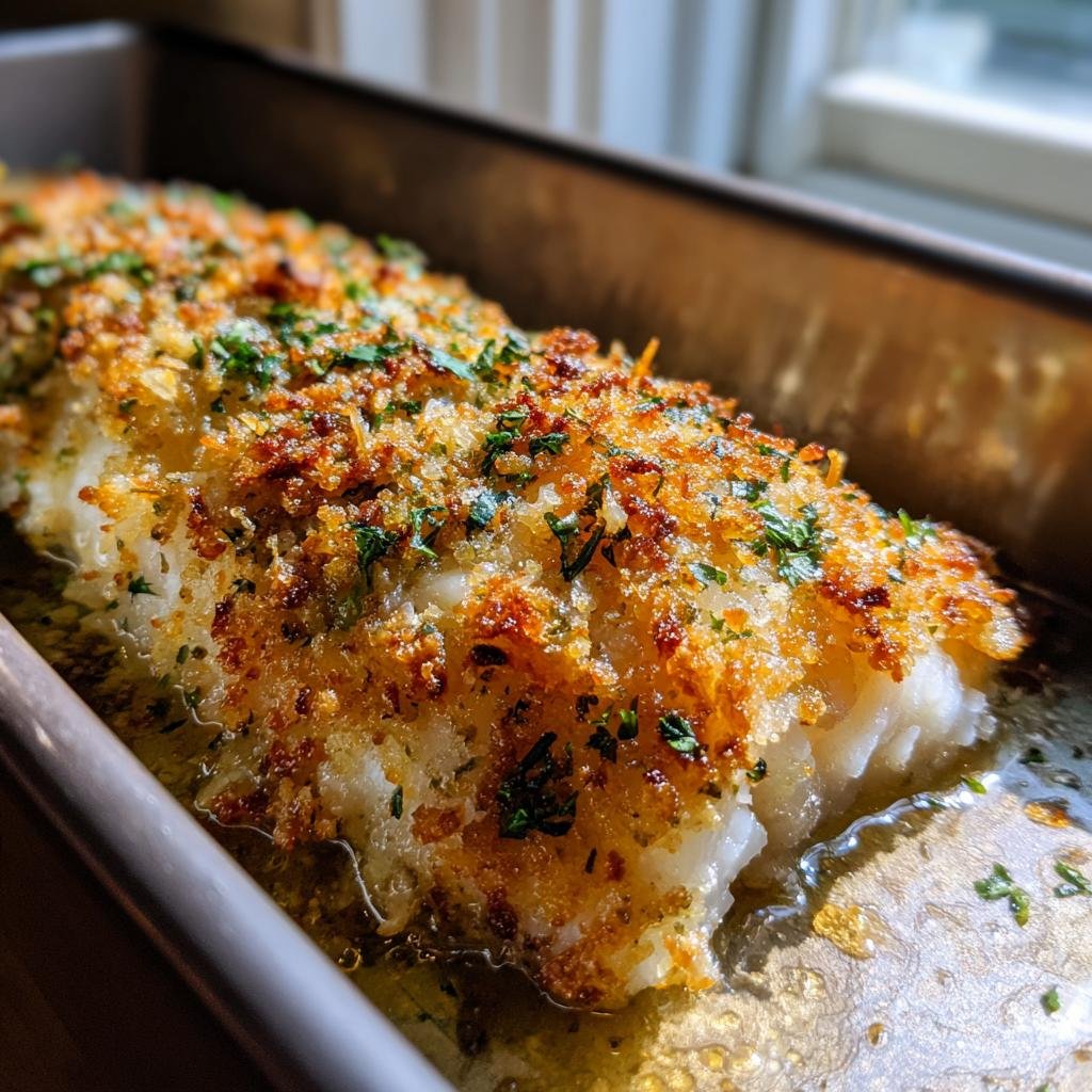 Freshly baked Boston Gebackener Kabeljau in a baking pan, topped with golden breadcrumbs and herbs.