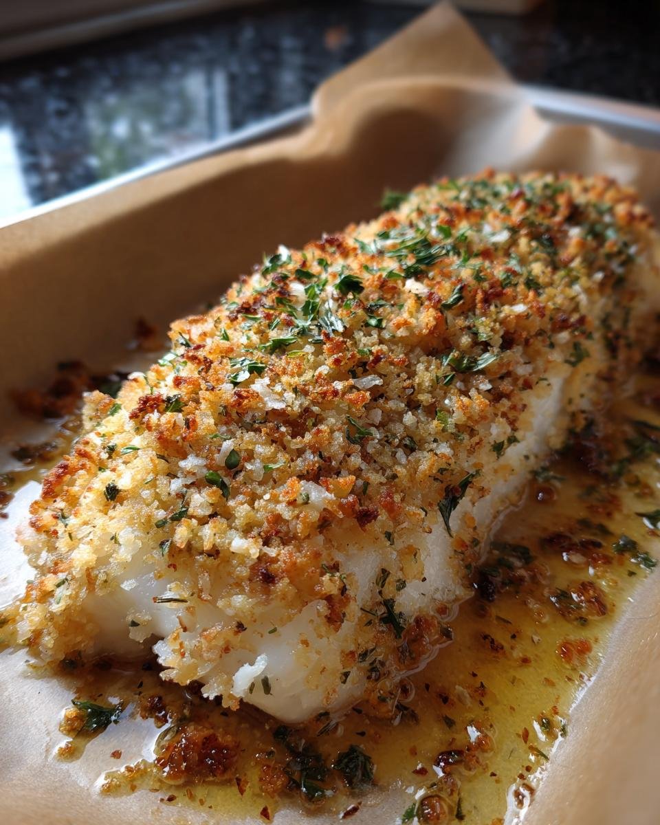 Close-up of Boston Gebackener Kabeljau, showing the golden crust and herb garnish on the baked cod.