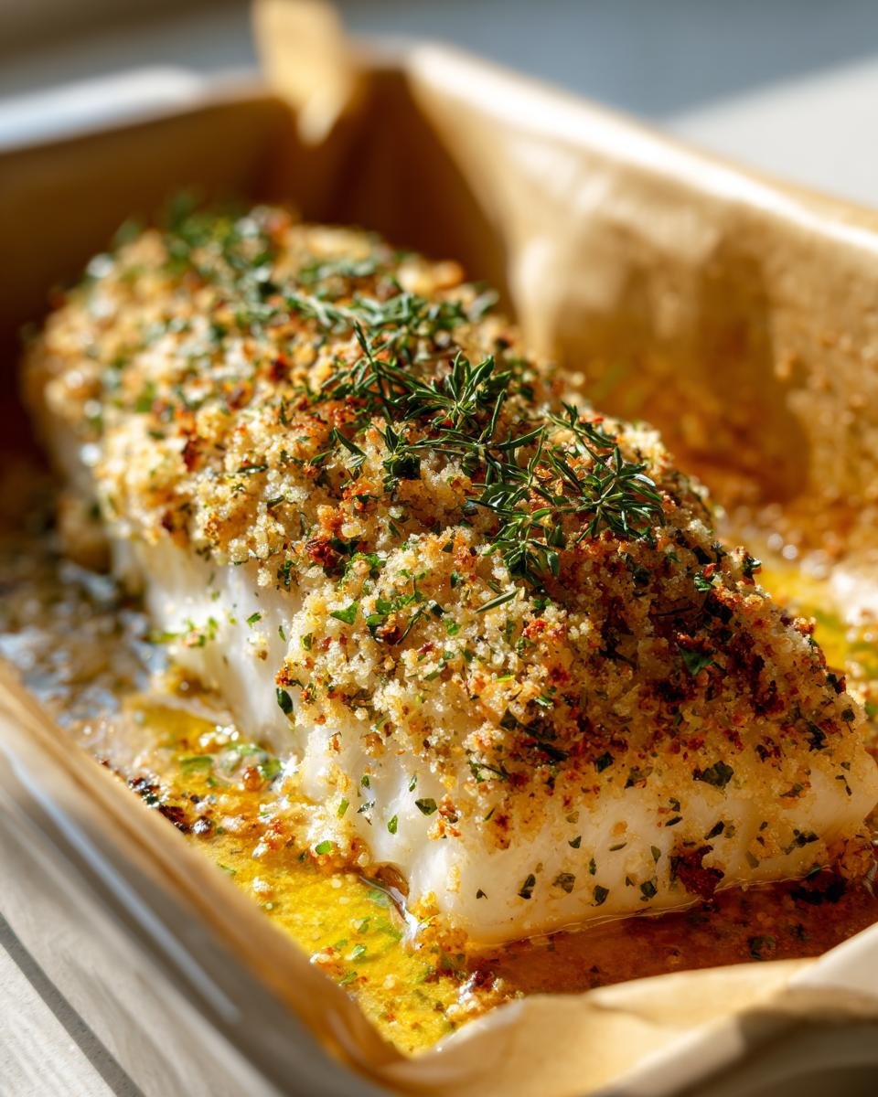 Close-up of Boston Gebackener Kabeljau, baked cod with a golden crust and herb garnish.