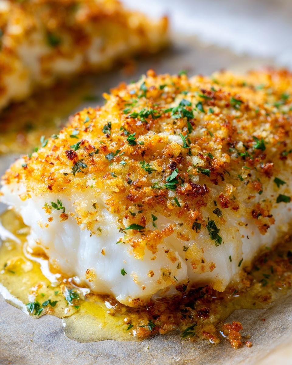 Close-up of Boston Gebackener Kabeljau, a baked cod dish with a golden crust and parsley garnish.
