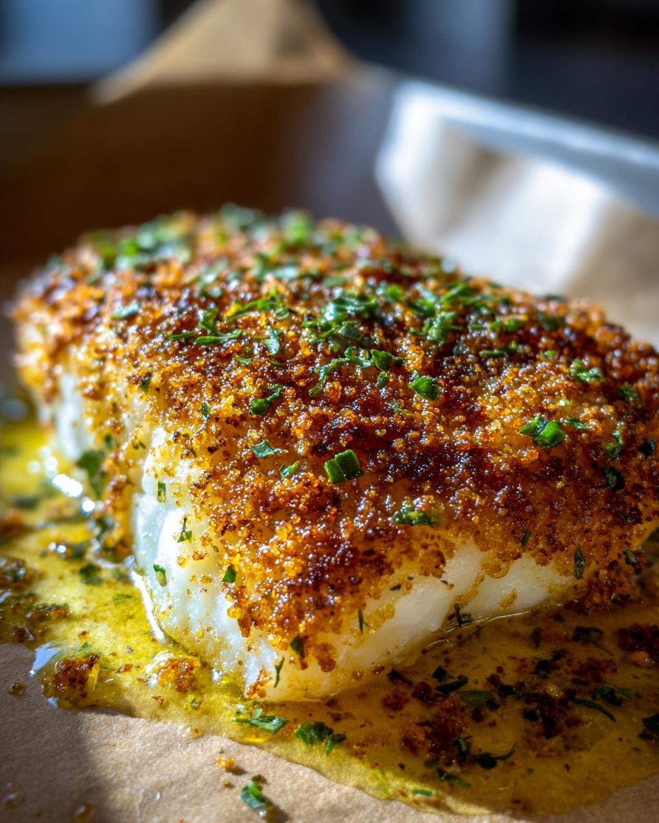 Close-up of Boston Gebackener Kabeljau, a baked cod dish with a golden crust and herb garnish.