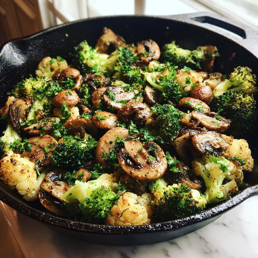Close-up of a pan filled with broccoli, cauliflower, and mushrooms, relevant to Ananas-Gurken-Salat.