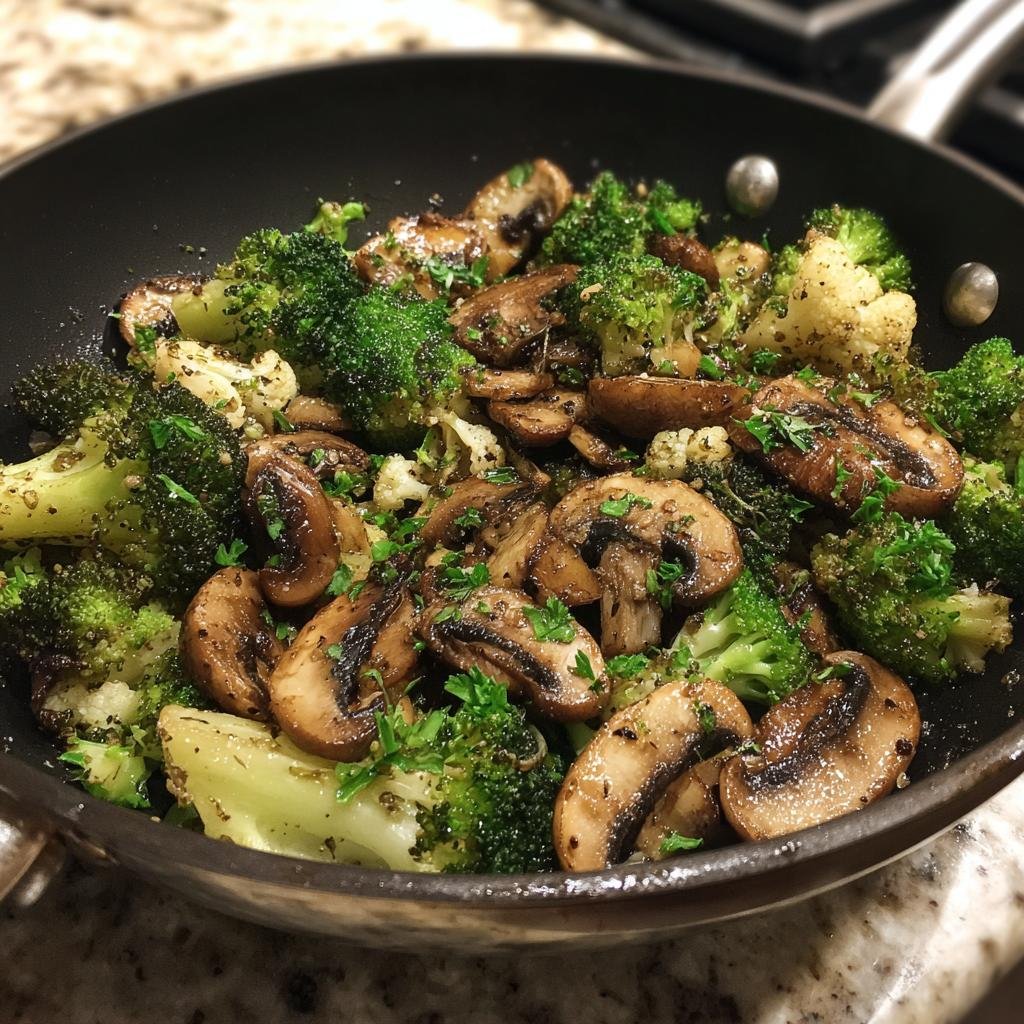 Close-up of broccoli and mushrooms stir-fry in a pan, garnished with fresh parsley. Ananas-Gurken-Salat: Schnell, frisch & einfach