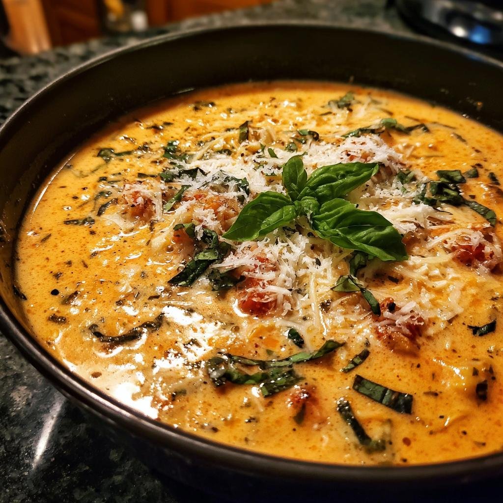 Bowl of creamy Pizzasuppe garnished with fresh basil and grated cheese, ready to enjoy.