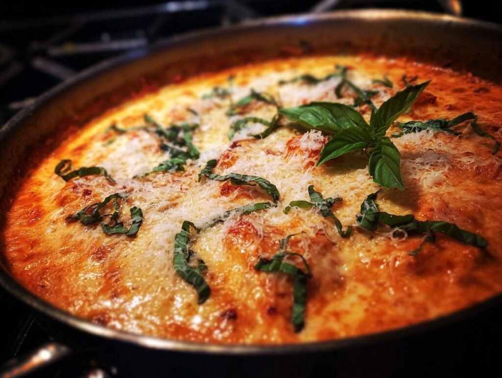 Close-up of creamy Pizzasuppe in a pan, topped with cheese and fresh basil. Ready to enjoy this Pizzasuppe: Cremiger & schneller Genuss.