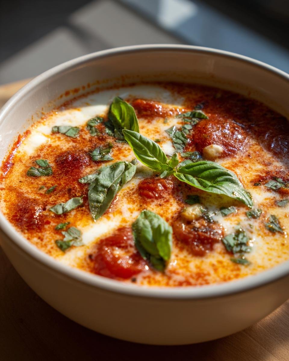 Bowl of Cremige Tomaten-Mozzarella-Suppe garnished with fresh basil leaves.