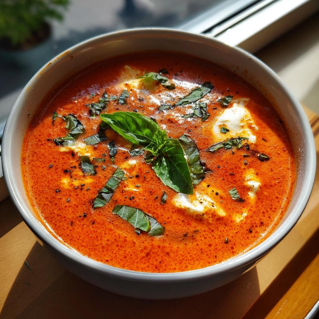 Bowl of Cremige Tomaten-Mozzarella-Suppe garnished with fresh basil leaves and mozzarella swirls.