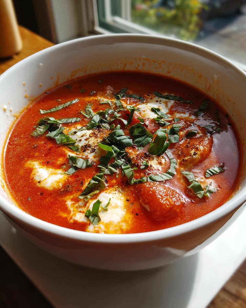 Bowl of Cremige Tomaten-Mozzarella-Suppe garnished with fresh basil and mozzarella.