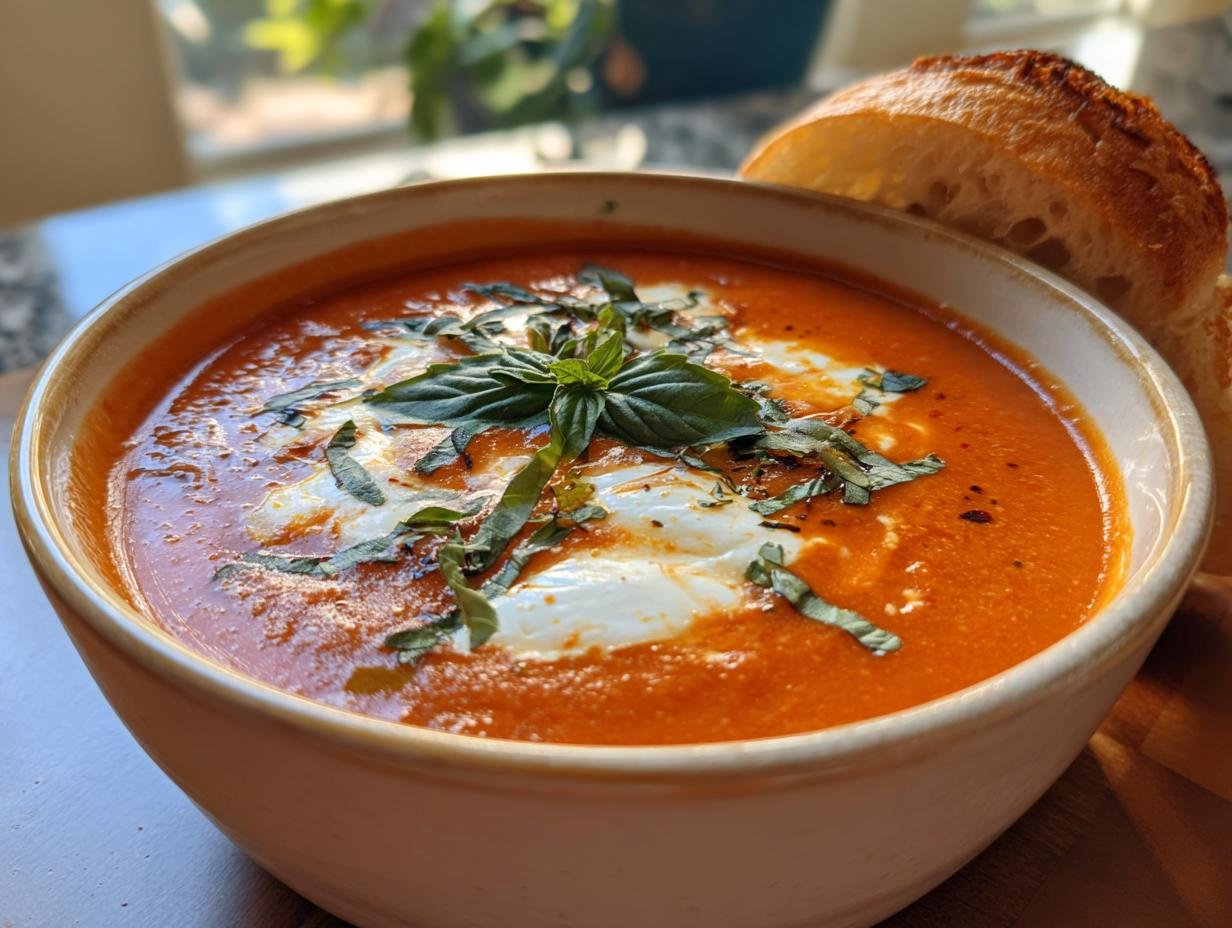 Cremige Tomaten-Mozzarella-Suppe in einer Schüssel, garniert mit Basilikum und serviert mit Brot.