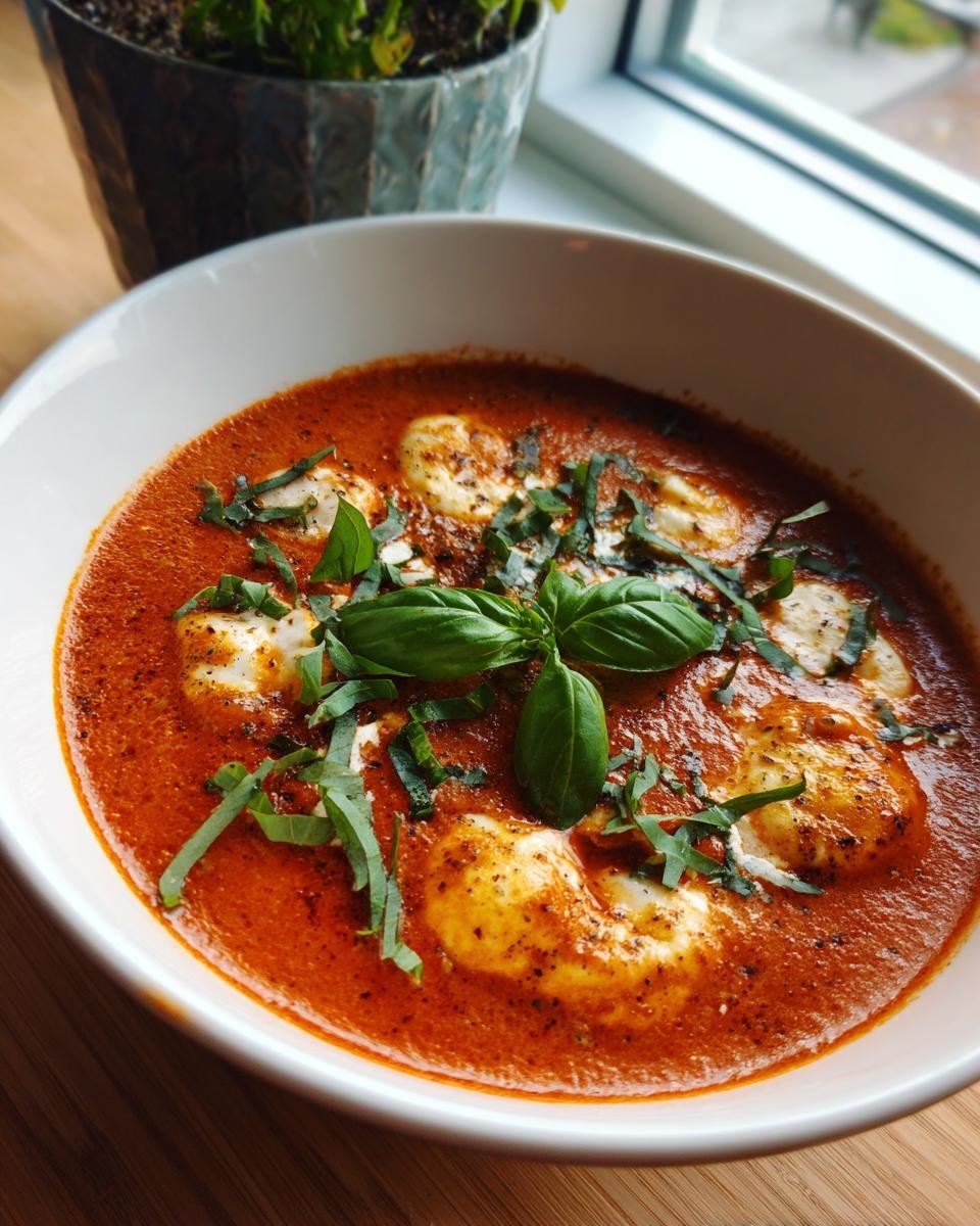 Close-up of Cremige Tomaten-Mozzarella-Suppe in a white bowl, garnished with fresh basil.