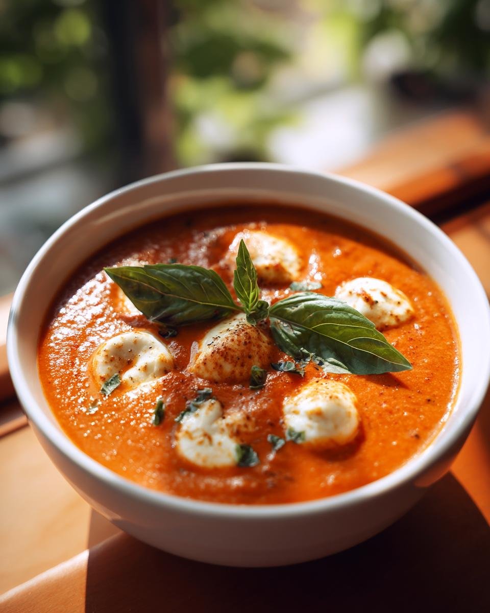 Bowl of Cremige Tomaten-Mozzarella-Suppe garnished with fresh basil and mozzarella balls.