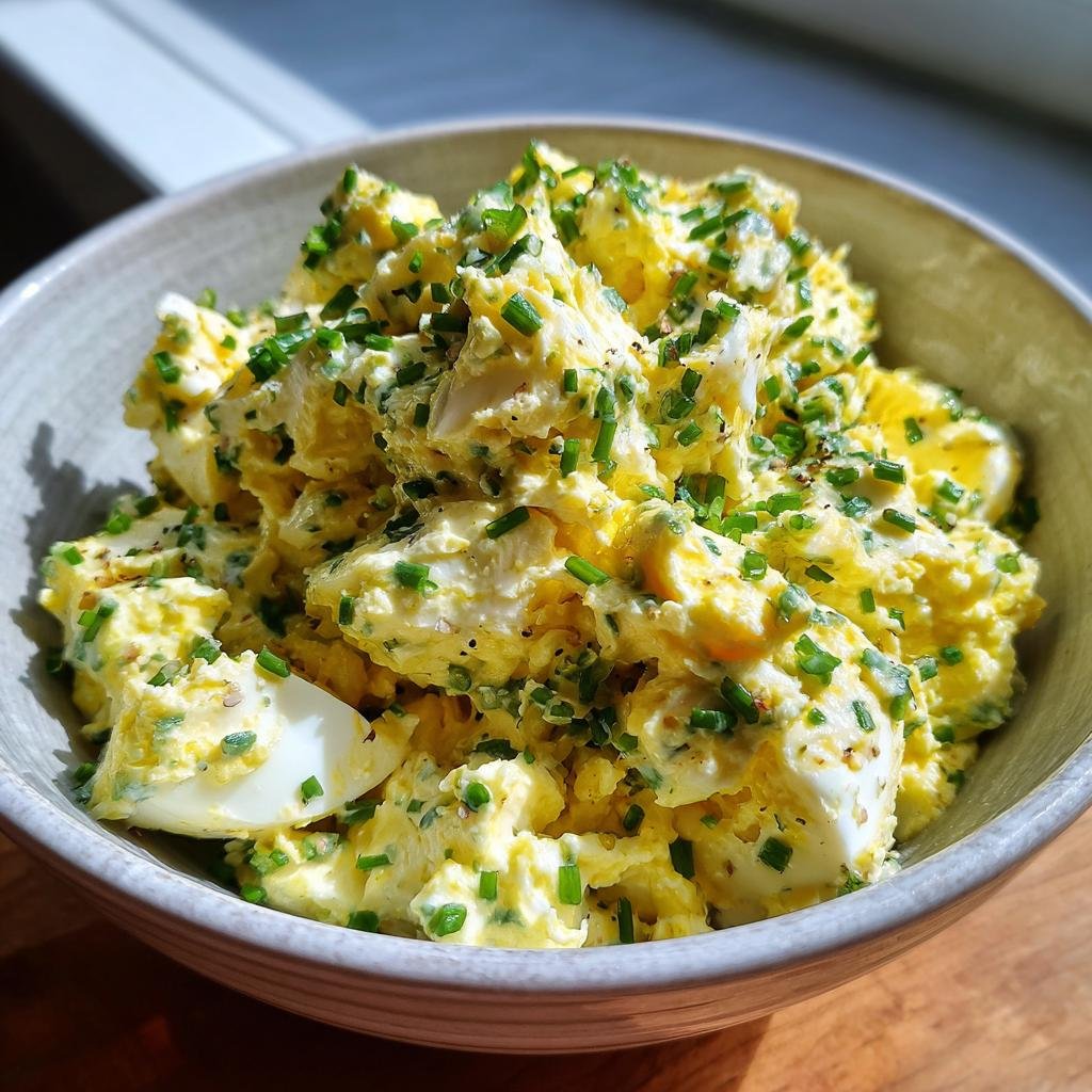 Bowl of Cremiger Eiersalat mit Schnittlauch & Senfcreme, a creamy German egg salad with chives and mustard.