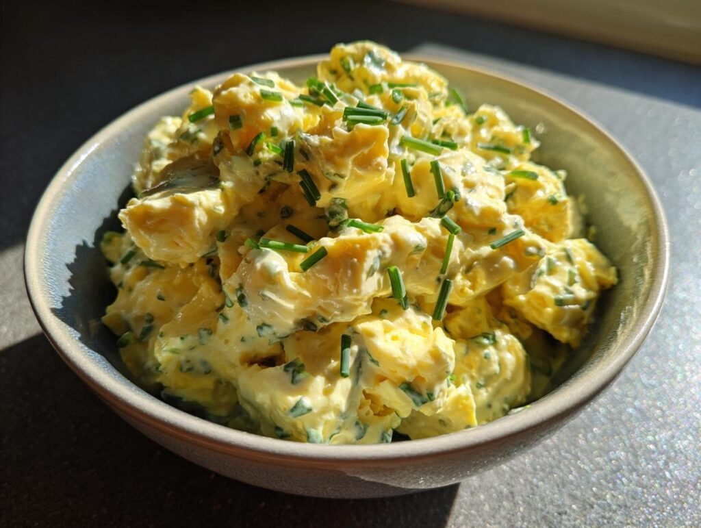 Bowl of Cremiger Eiersalat mit Schnittlauch & Senfcreme, a creamy German egg salad with chives and mustard.