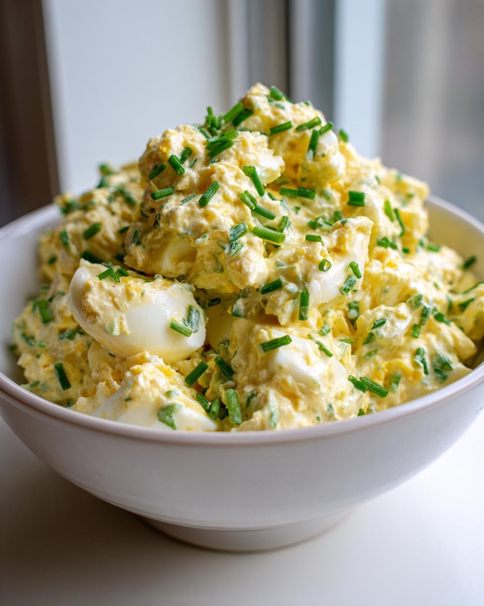 Bowl of Cremiger Eiersalat mit Schnittlauch & Senfcreme, featuring eggs, chives, and a creamy mustard dressing.