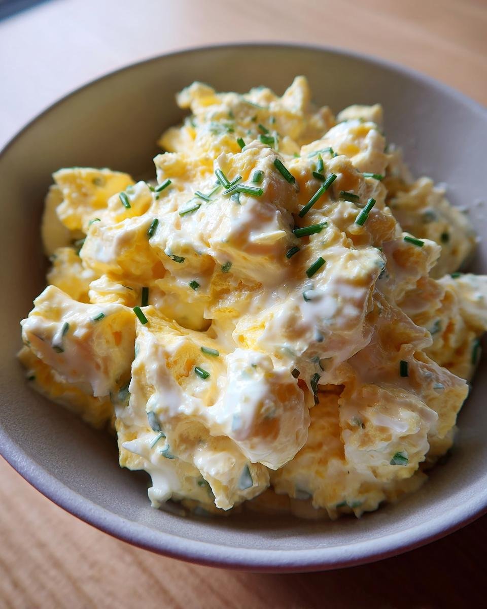 Bowl of cremiger Eiersalat mit Schnittlauch & Senfcreme, garnished with fresh chives. Creamy German egg salad.