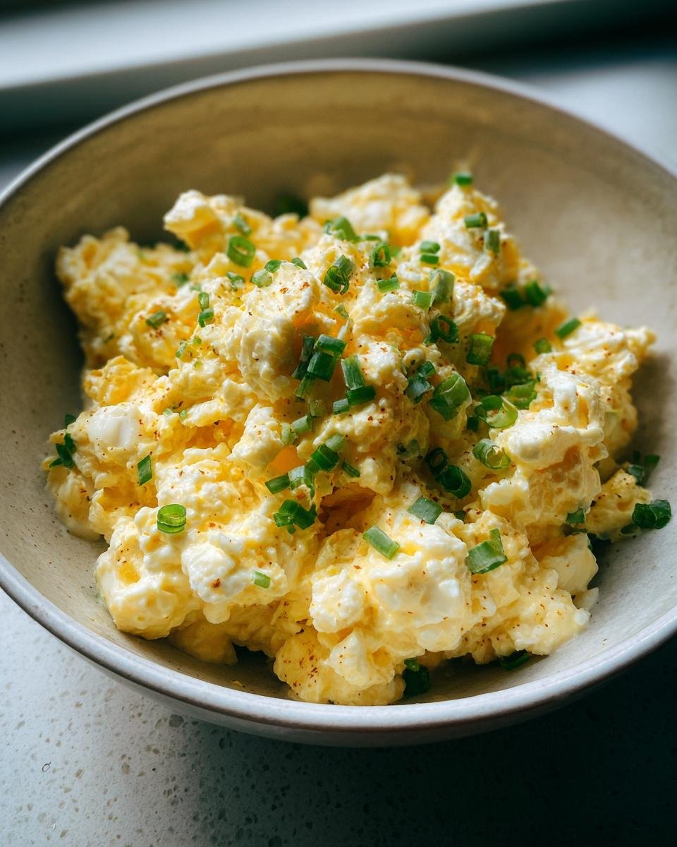 Close-up of Cremiger Eiersalat mit Schnittlauch & Senfcreme in a bowl, garnished with fresh chives.