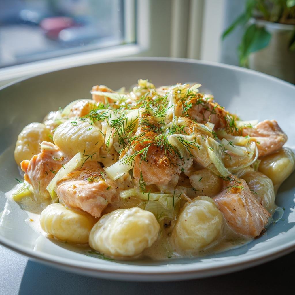 Delicious plate of Cremiges Gnocchi mit Lachs und Lauch topped with fresh dill.