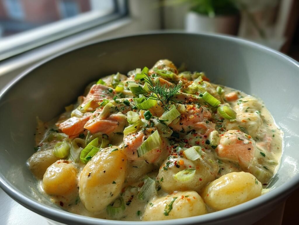 Cremiges Gnocchi mit Lachs und Lauch, serviert in einer Schüssel, garniert mit frischen Kräutern.