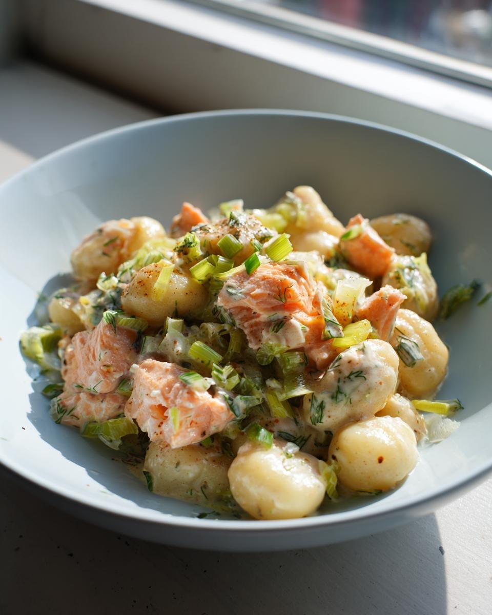 Bowl of Cremiges Gnocchi mit Lachs und Lauch: Gnocchi with salmon, leek and creamy sauce.