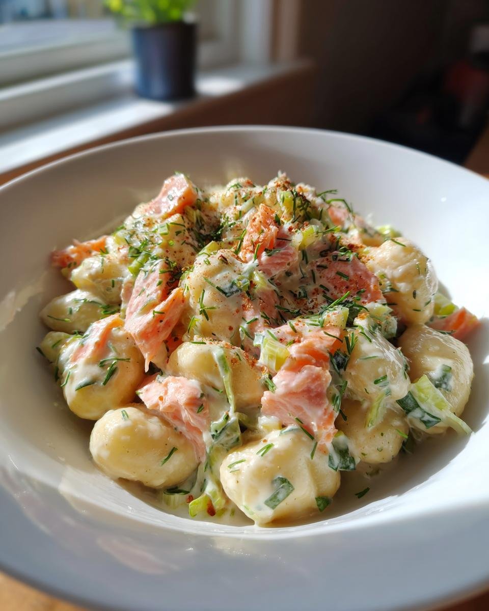 Cremiges Gnocchi mit Lachs und Lauch, serviert in einer weißen Schüssel, garniert mit Dill.