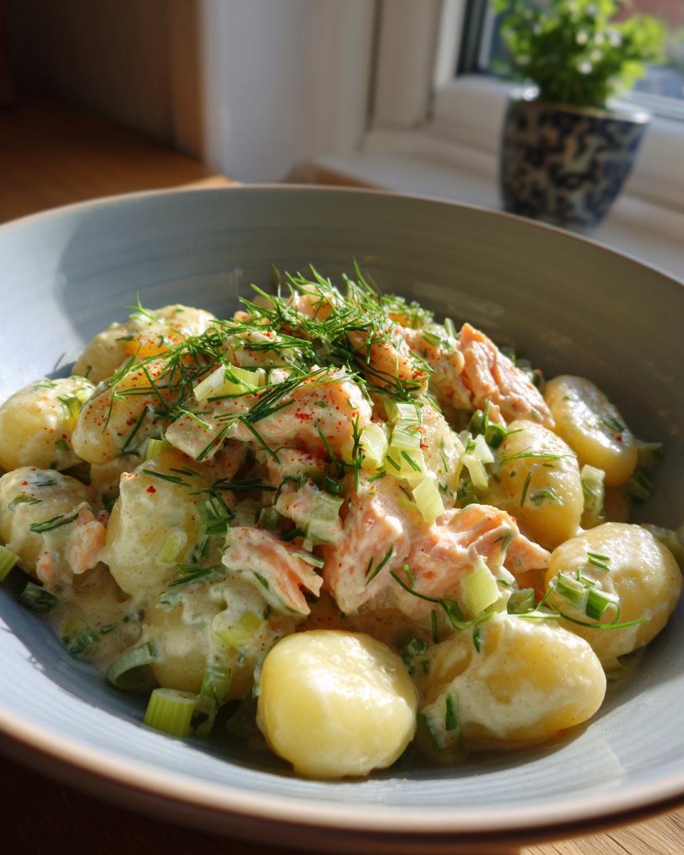Bowl of Cremiges Gnocchi mit Lachs und Lauch, garnished with fresh dill and leeks.