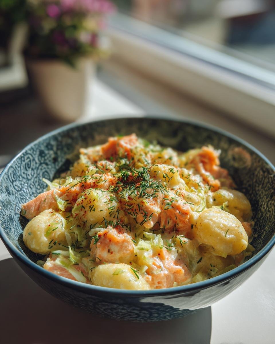 Nahaufnahme von Cremiges Gnocchi mit Lachs und Lauch, serviert in einer blauen Schüssel, garniert mit Dill.