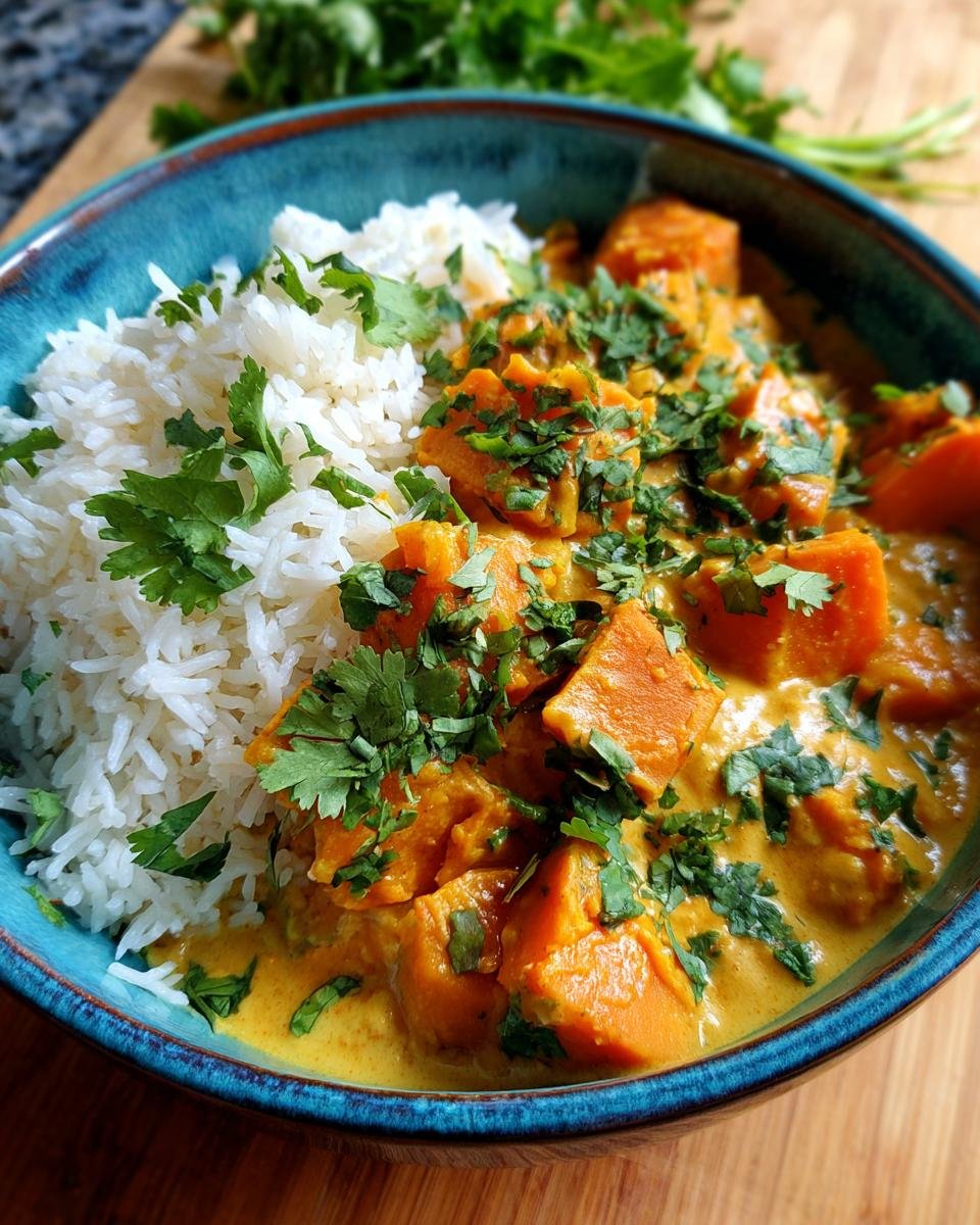 Bowl of Cremiges Süßkartoffel-Kokos-Curry served with white rice and fresh cilantro.