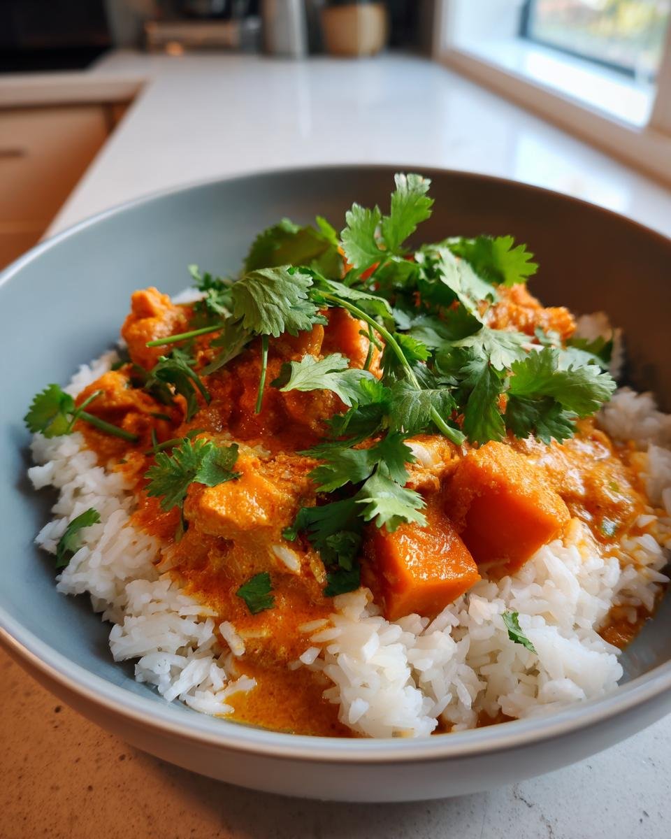 Bowl of Cremiges Süßkartoffel-Kokos-Curry over rice, garnished with fresh cilantro.