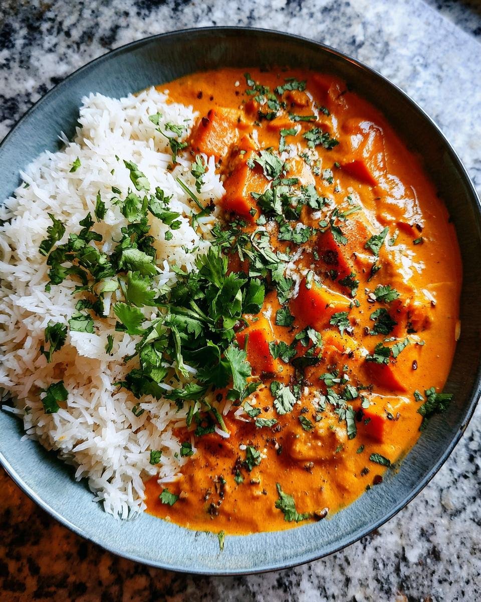 A bowl of Cremiges Süßkartoffel-Kokos-Curry served with white rice and garnished with fresh cilantro.