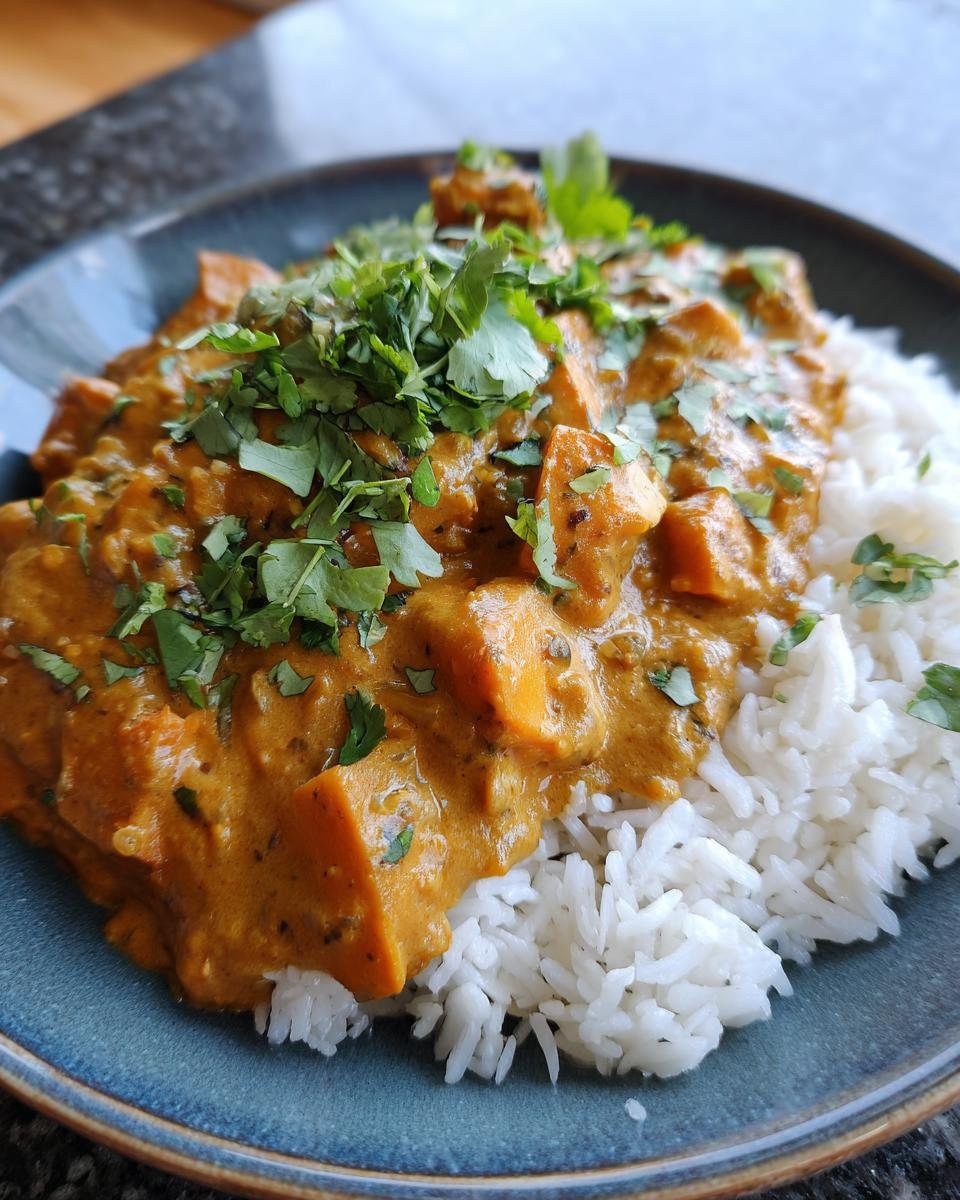 A plate of Cremiges Süßkartoffel-Kokos-Curry served over white rice and garnished with fresh cilantro.