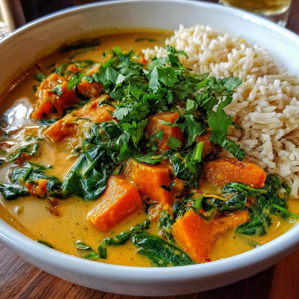 Bowl of Cremiges Süßkartoffelcurry mit Kokosmilch, garnished with cilantro and served with rice.