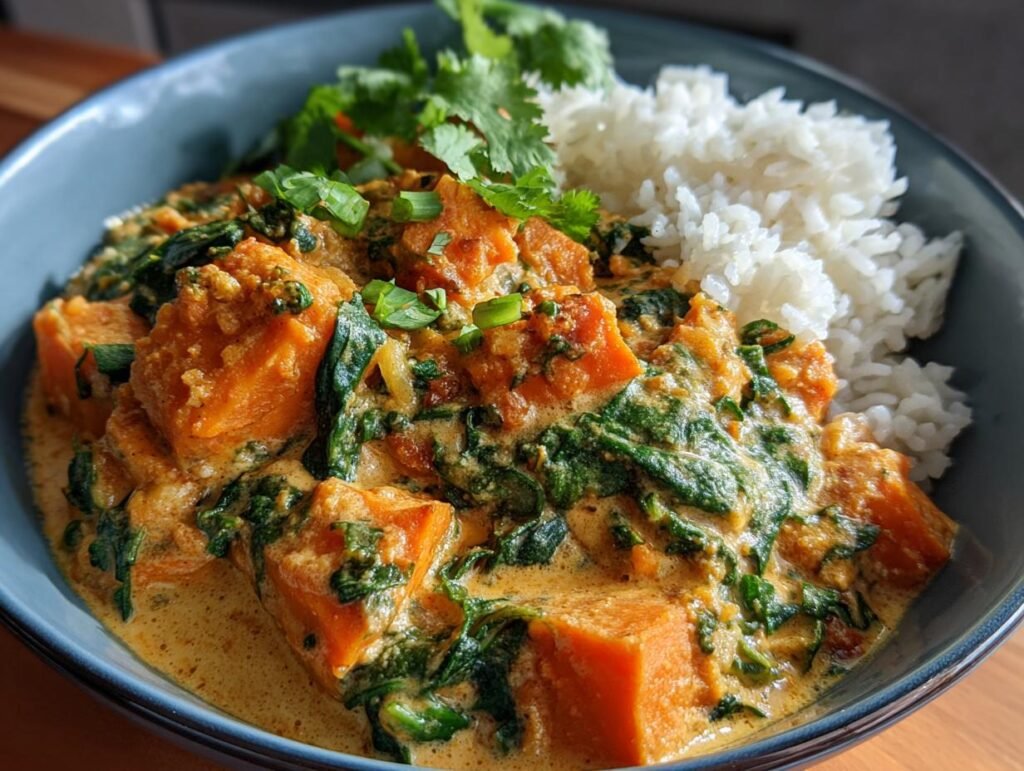 Bowl of Cremiges Süßkartoffelcurry mit Kokosmilch, garnished with cilantro and green onions, served with rice.
