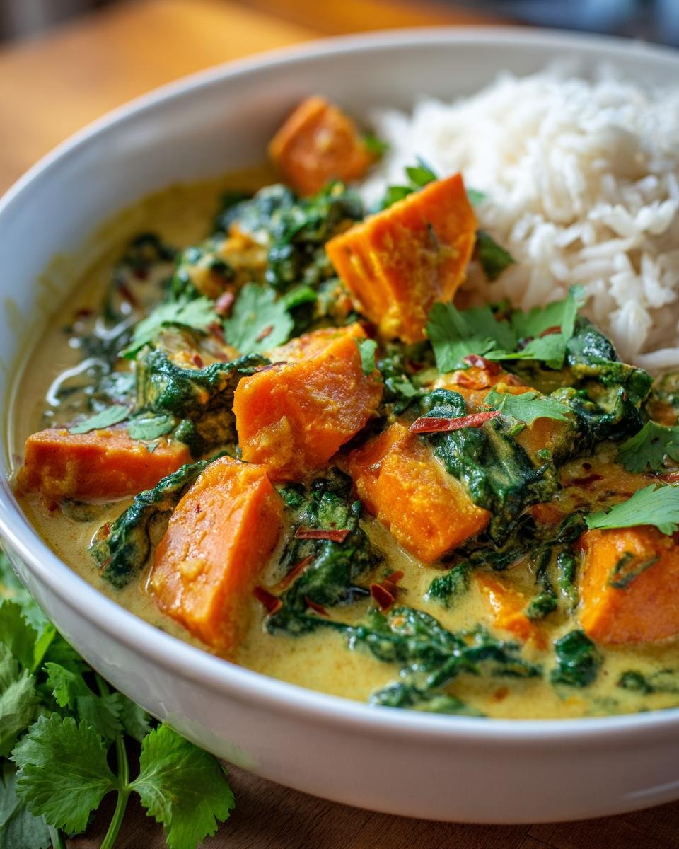 Bowl of Cremiges Süßkartoffelcurry mit Kokosmilch with rice, sweet potatoes, spinach, and cilantro.