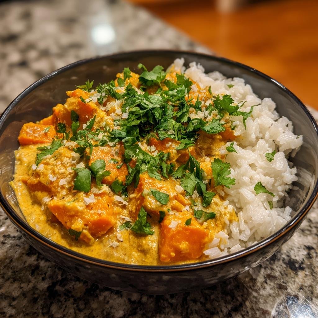 Bowl of Cremiges Süßkartoffel-Kokos-Curry with rice, garnished with cilantro and coconut flakes.