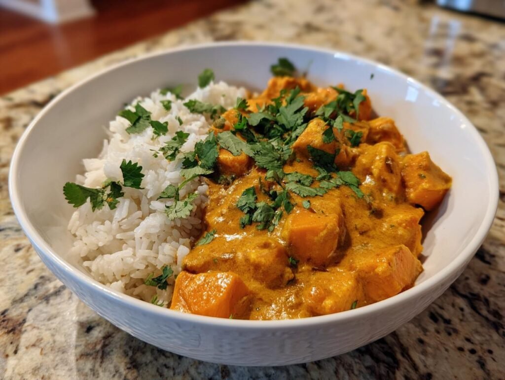 Bowl of Cremiges Süßkartoffel-Kokos-Curry served with white rice and cilantro garnish.
