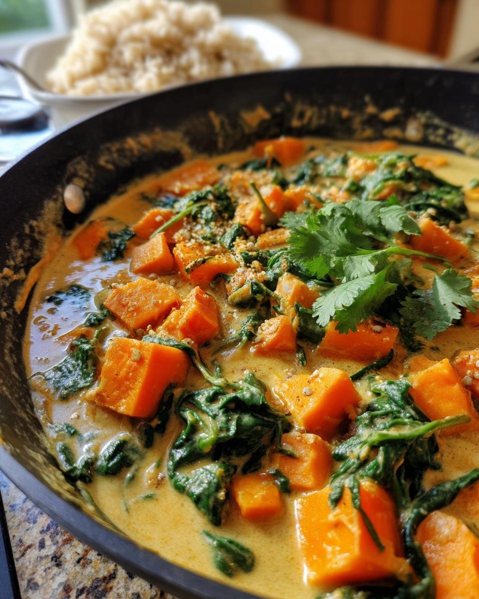Close-up of Cremiges Süßkartoffelcurry mit Kokosmilch in a pan with spinach and cilantro garnish.