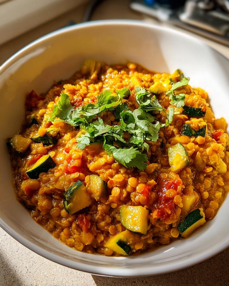 Bowl of Cremiges Zucchini-Linsen-Curry, garnished with fresh cilantro.