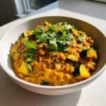 Bowl of Cremiges Zucchini-Linsen-Curry, garnished with fresh cilantro. A vibrant and delicious vegan meal.
