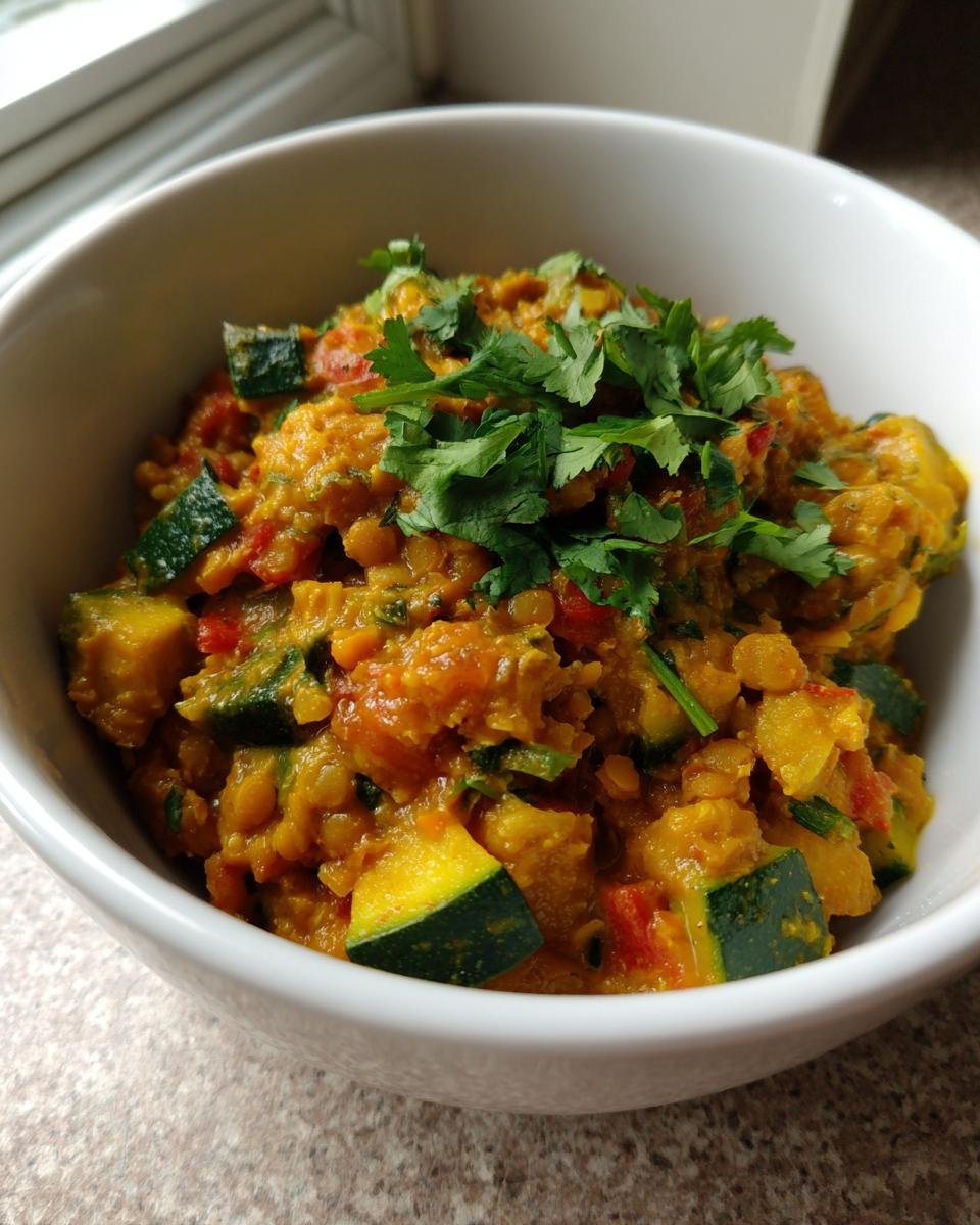 Bowl of Cremiges Zucchini-Linsen-Curry, garnished with fresh cilantro. A hearty, flavorful dish.